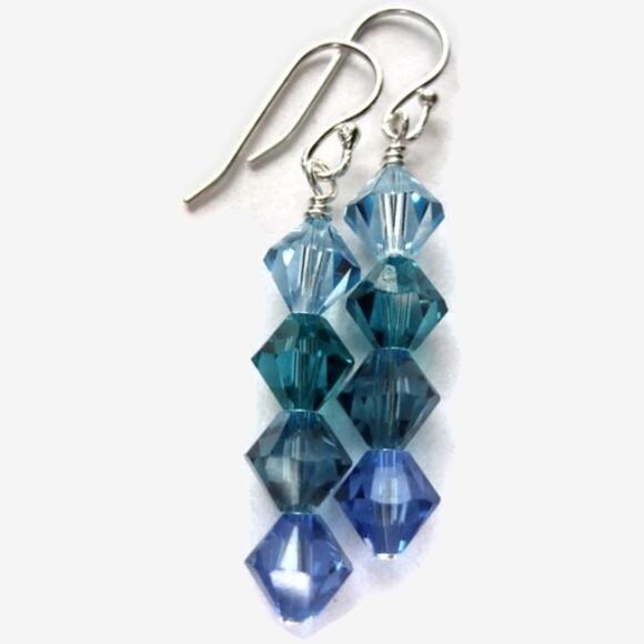 Caribbean Teal Blue Swarovski Crystal Beaded Sterling Silver Dangle Earrings - Picture 1 of 4